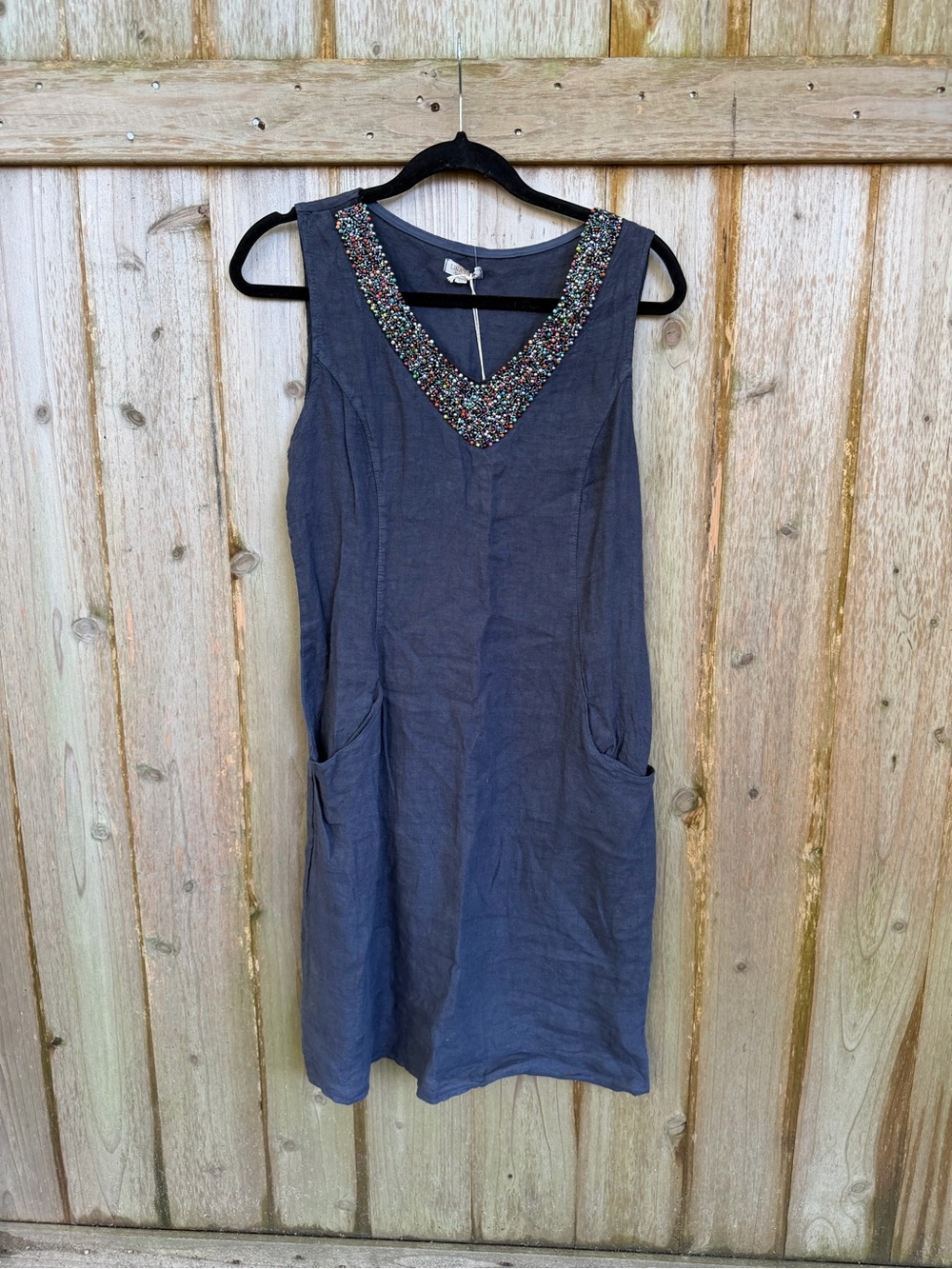 NWT Lina Tomei Blue Embellished Beaded V-Neck Linen Shift Dress
